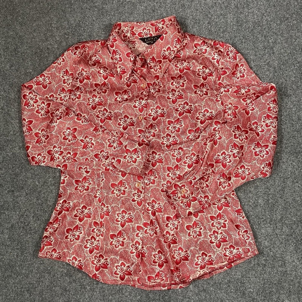 Y2K Floral Satin Blouse Lisa Size Medium Button Up Long Sleeve Office Boho
